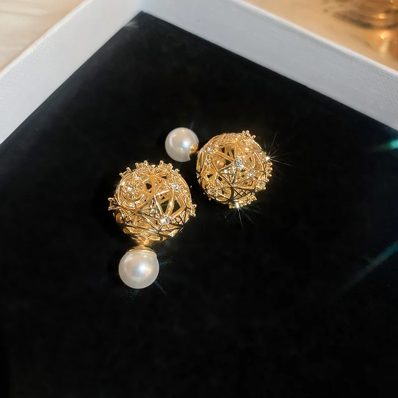 

Minar Unique Design Gold Ball Hollowed Out Bird's Nest Stud Earrings for Women Unusual Pearl Zircon Earring Accessories Jewelry