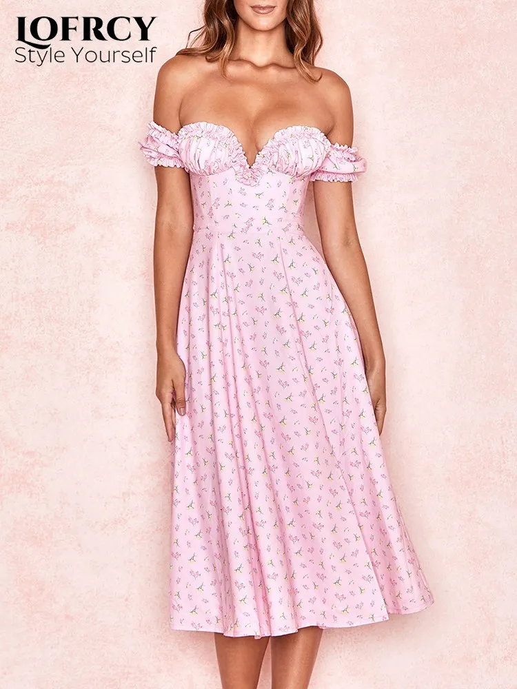 

Lofrcy Lovely Off Shoulder Short Puff Sleeve Pink Dress Women Vacation Outing Casual Wear Floral Printed Slit Party Long Dresses