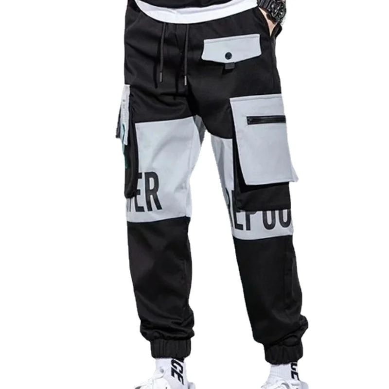

New Loose Multiple Pockets Trousers Mens Hip-Pop Fashion Overalls Casual Cropped Cargo To Tie Feet Tooling Pants