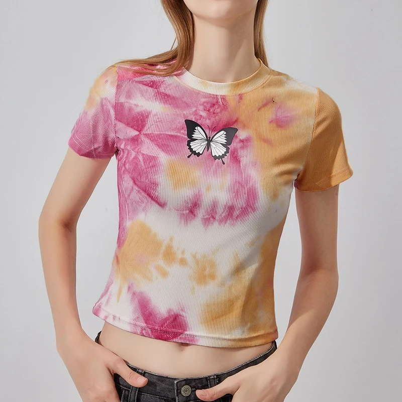 

Women's New Thin Round Neck Short-Sleeve Sweater Tie-Dye T-Shirt Flower Color