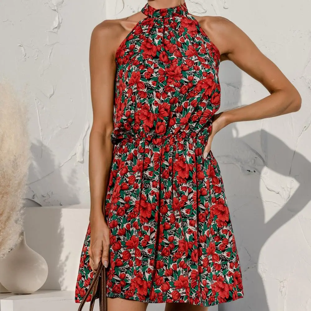 

Sexy Off Shoulder High Cut Women Dress Waist Tight Floral Print Sleeveless Halter Mini Dress All-Match High Cut Summer Dress
