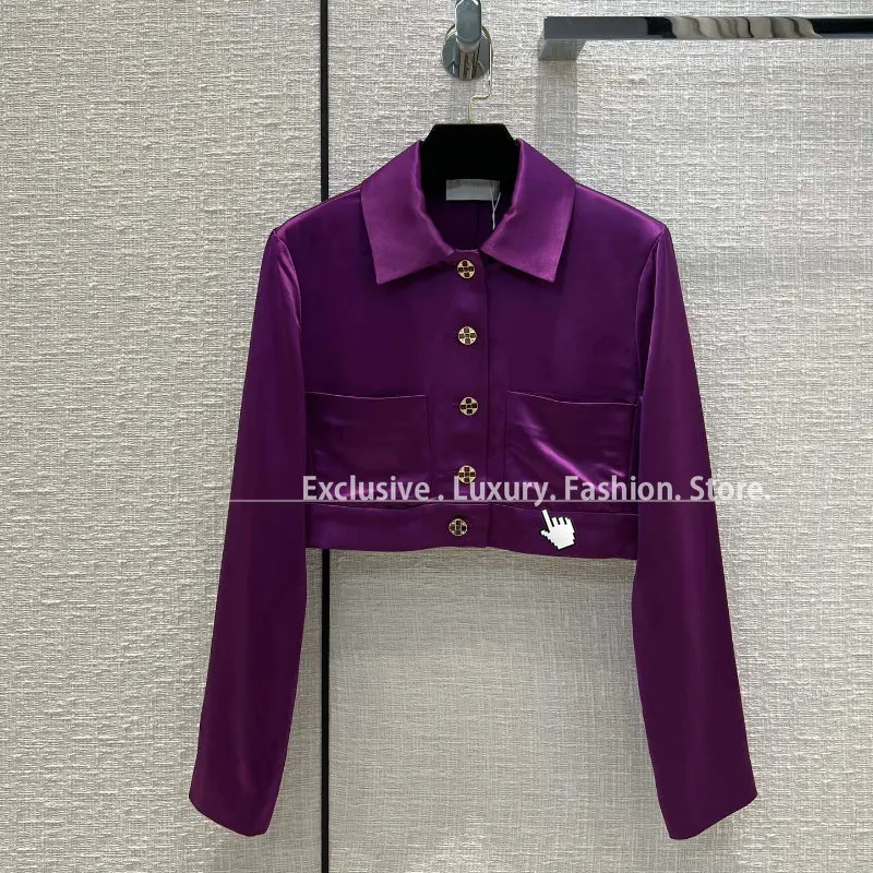 

Best Version Luxury Brand runway Women Shirt Purple Glossy Baby Skin-like Soft Fabric Crop Top Long Sleeve logoed buttons Shirts