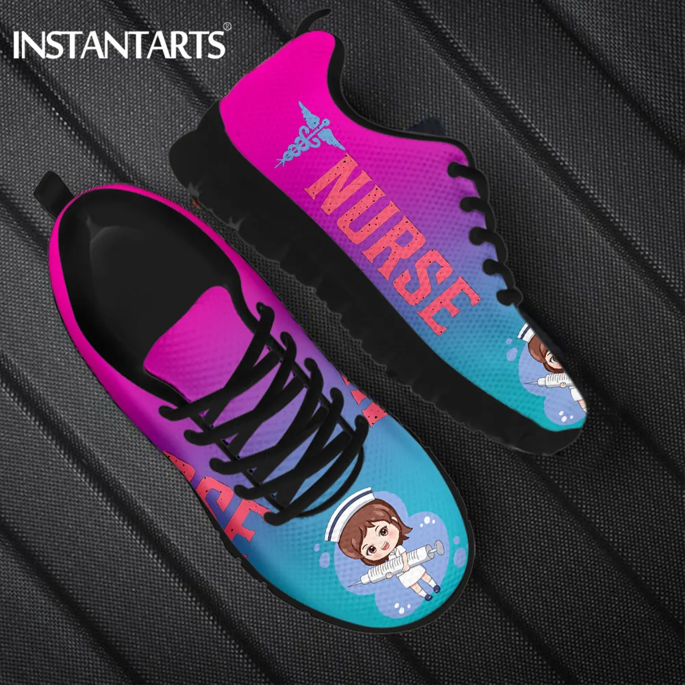 

INSTANTARTS New Designer Women Lace up Mesh Sneakers Gradient Nurse Girls EMT Cartoon Pattern Flat Shoes for Female Zapatillas