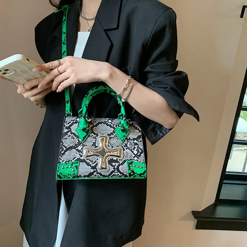 

Luxury PU Leather Women Handbags Fashion Female Serpentine Top-handle Bag Portable Tote Bag Silver Cross Shoulder Messenger Bags