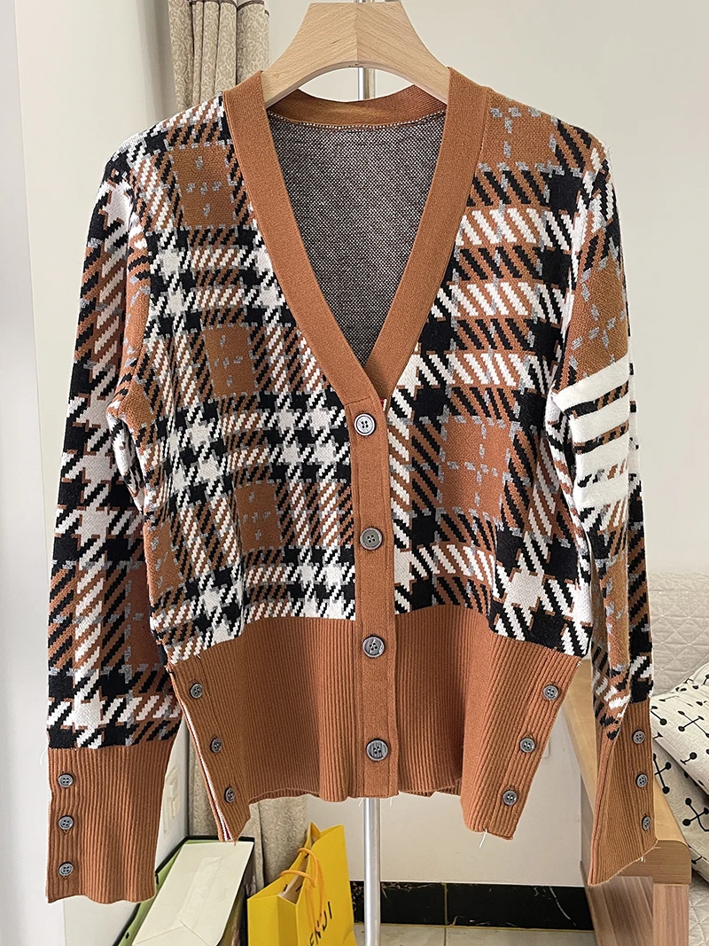 

TB Vintage Knitwear Cardigan Women's Vintage Plaid Cardigan Coat British Fashion Brand Autumn and Winter Western-style Design