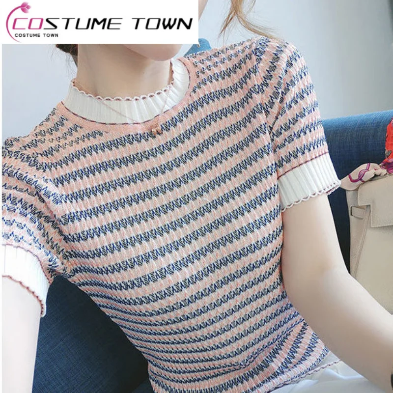 

Sweet and Elegant Little Women's 2023 Summer New Fashion T-shirt Contrast Stripe Knitted Short Sleeve T-shirt Trend