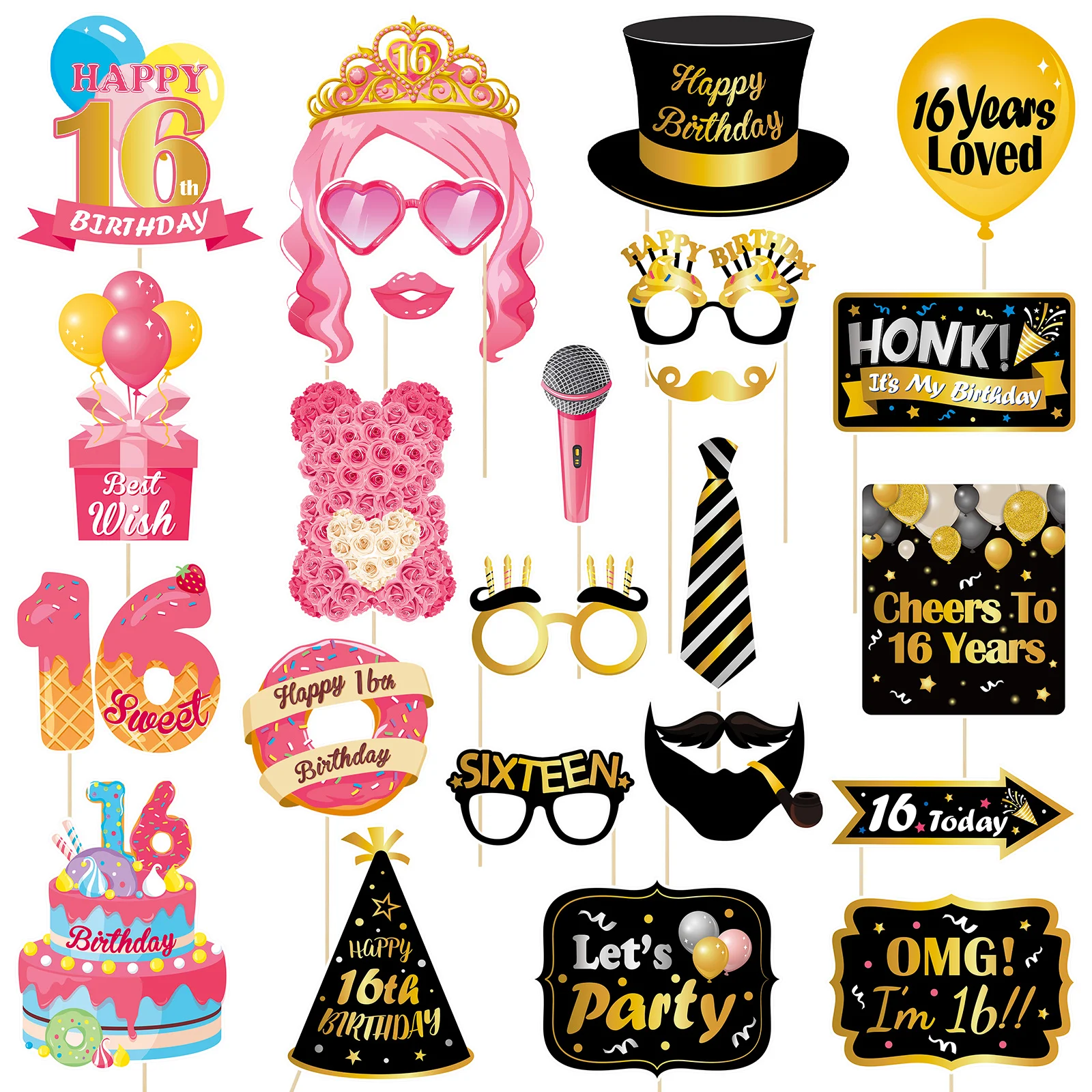 

Abaodam 24pcs Selfie Props Handheld Photo Booth Props Pre-glued with Sticks Party Props for Sixteenth Birthday Party