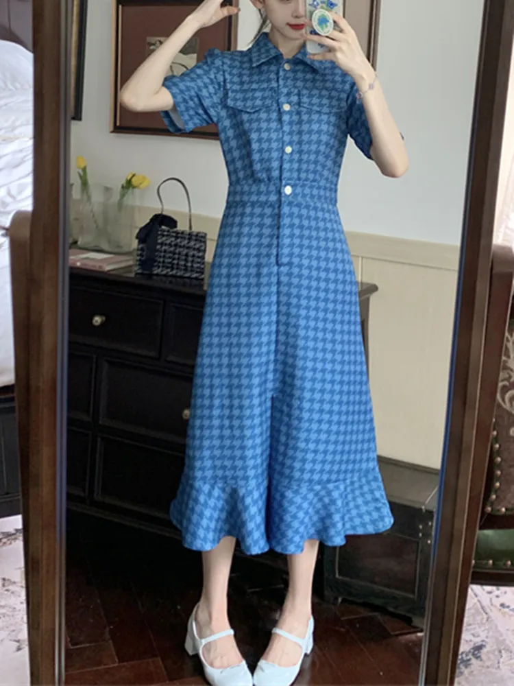 

Женское длинное платье-рубашка с разрезом, голубое повседневное платье-рубашка с принтом «гусиные лапки» в стиле ретро, лето