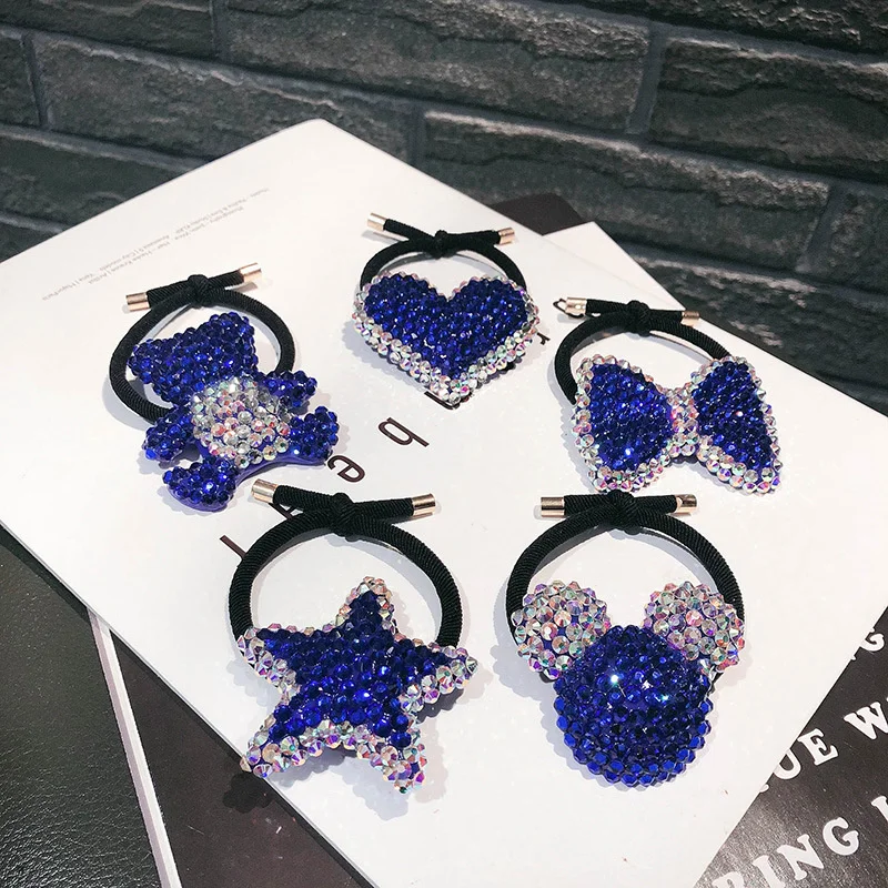 

Japan Korea Blue Heart Bear Bow Rhinestone Hair Clips For Woman Girl Super Flash Full Drill Elastic Hair Band Tie Accessories