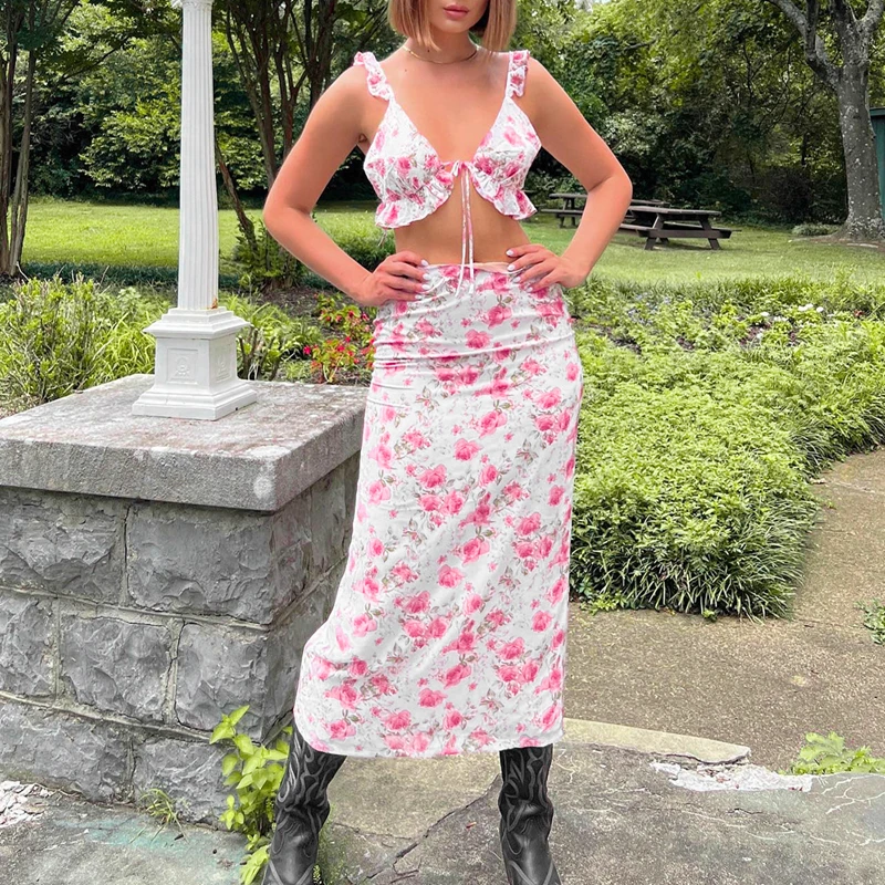 

Lygens Floral Print Satin Ruffles High Waist Crop Top Zipper Slit Skirt Women'S Sets Autumn Wholesale Casual Fashion Clothing