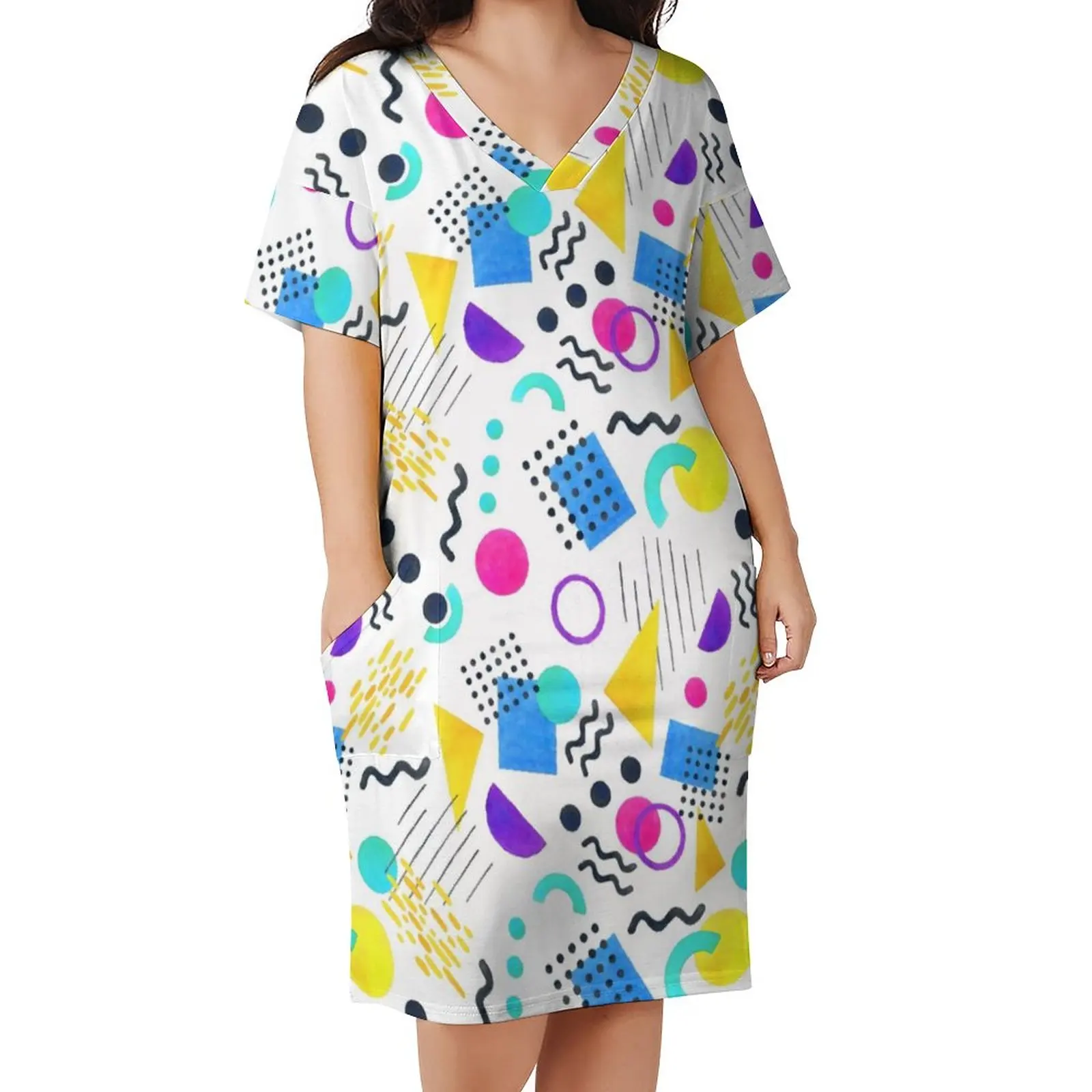 

Memphis Style Casual Dress Womens Geometric Shape Retro Dresses Summer V Neck Basic Graphic Dress Plus Size