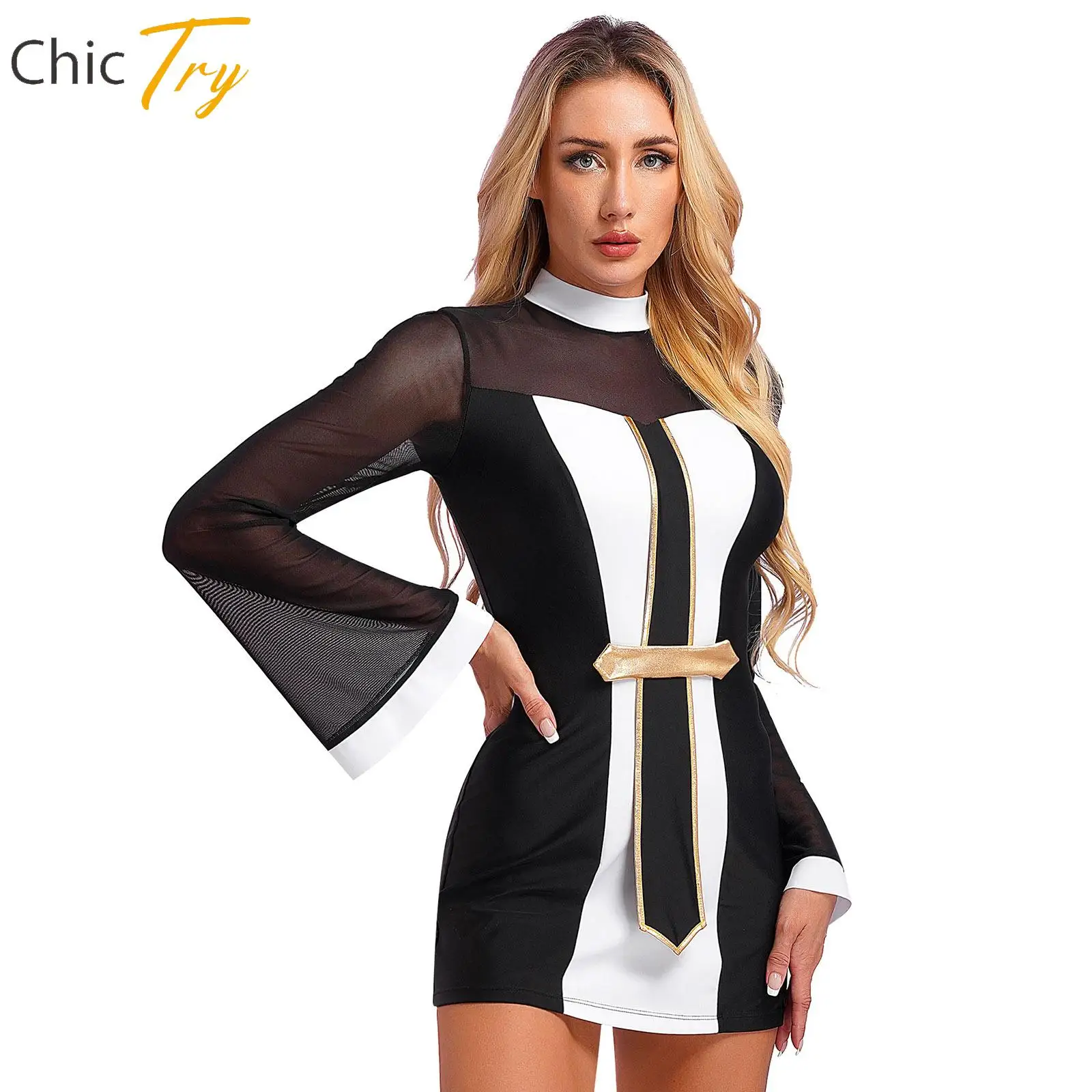 

Womens Halloween Twisted Sister Nun Cosplay Costumes Mock Neck Flared Sleeve Cross Contrast Mini Dress for Dress-Up Party