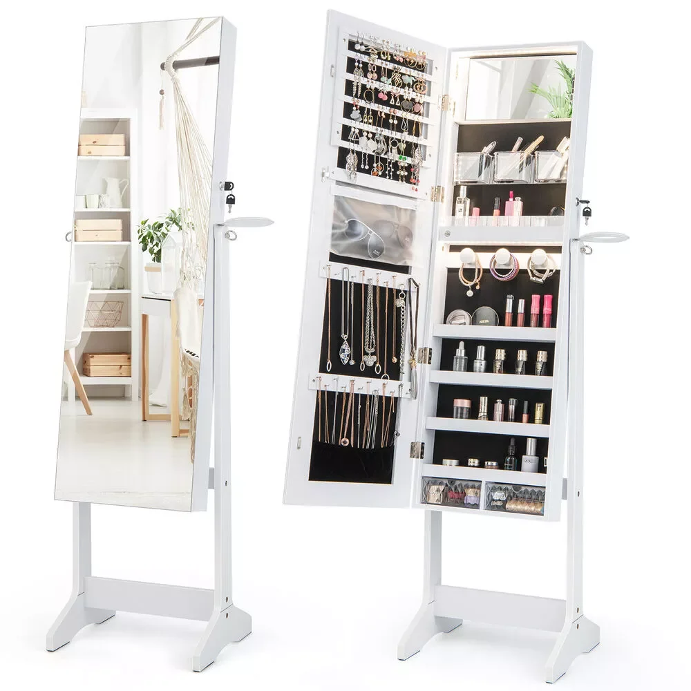 

Standing Jewelry Cabinet Full Length Mirror Lockable w/ 3-Color LED Lights White
