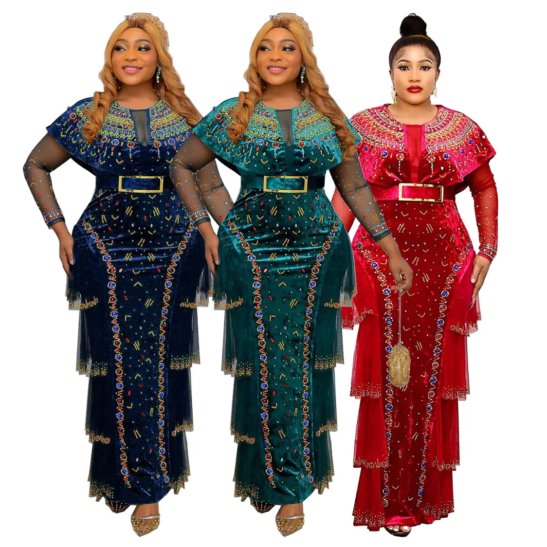 Women Elegant Velvet Stretch Maxi Dress O Neck Long Sleeve With Belt Fashion African Dresses Rhinestone Evening Party Dresses