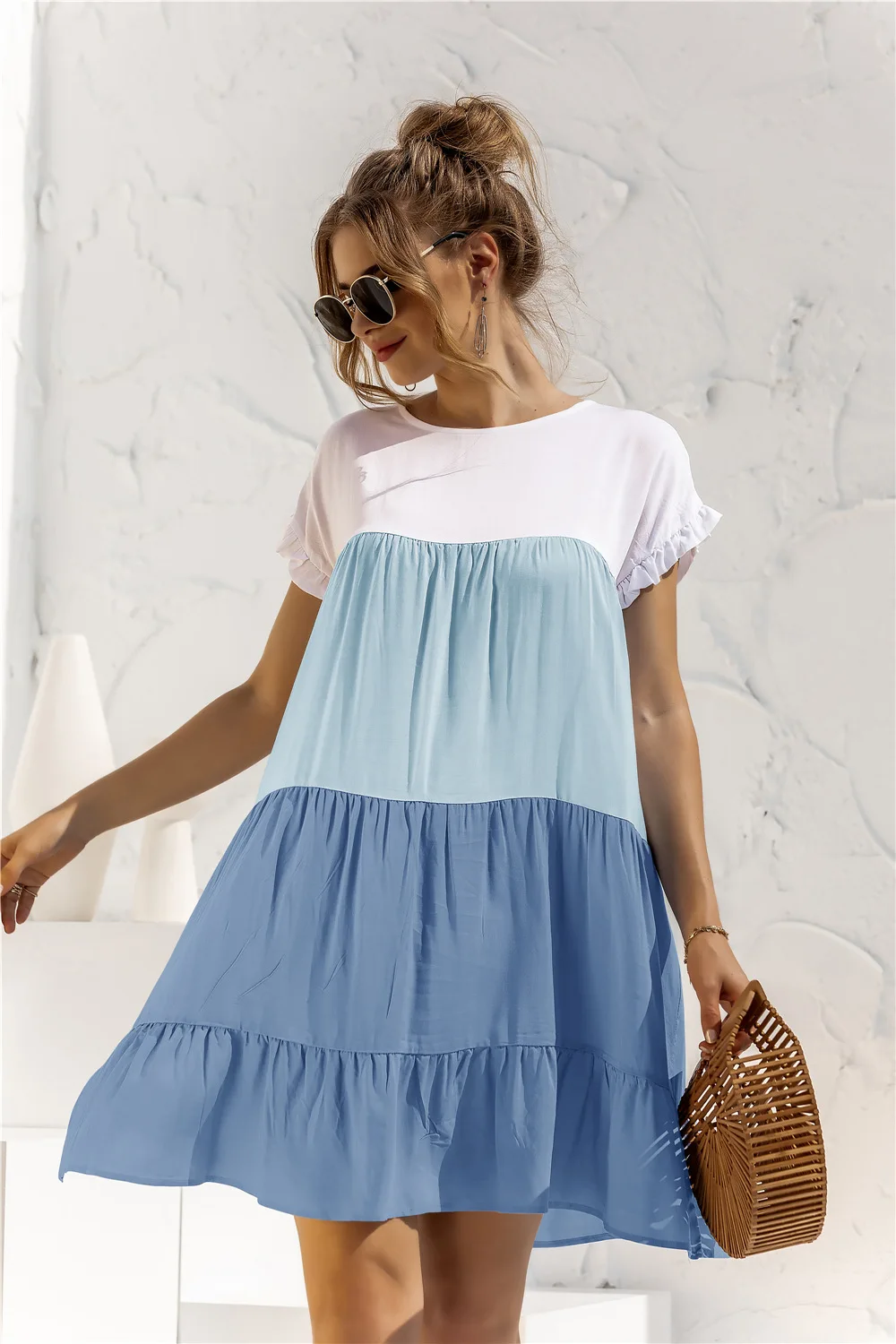 

Summer Women Loose O Neck Short Sleeve Dress Casual Holiday Color Patchwork Ruffle Beach Maternity Dresses For Women 2022