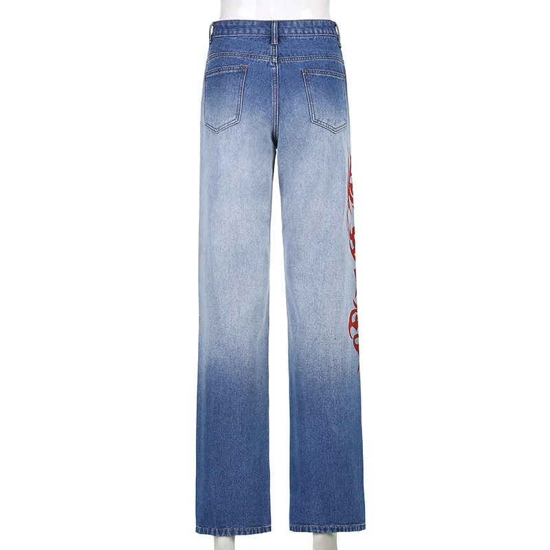 Fashion 2021 Casual Women's Vintage Denim Pants Gradient Flame Printed Straight Y2K Jeans for Girls High Waist Trouser Female