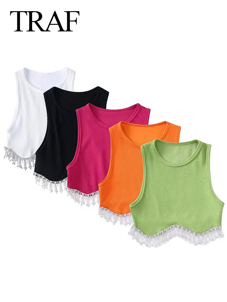 

TRAF 2022 Summer Women Sleeveless Slim Vest Solid Black White Knitted Soft Fabric Hem With Drill Tassel Ultrashort Tank Top