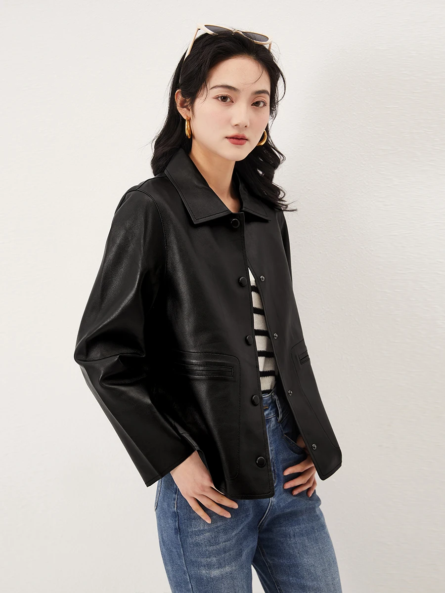 Real Leather Jacket Women High-quality Covered Button Sheepskin Pockets  Casacos Femininos Inverno 2023  Blazer Mujer enlarge