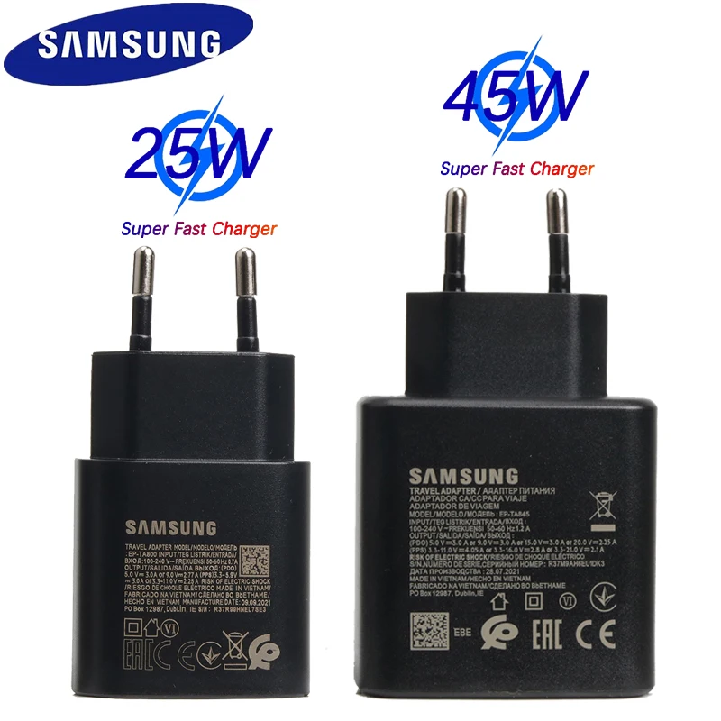

Оригинальное зарядное устройство для Samsung Pd 25 Вт 45 Вт, зарядное устройство типа C, Сверхбыстрая зарядка, штепсельная Вилка для Samsung Galaxy S22 S21 S20 ...