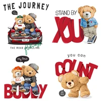 2022 new cartoon cute car bear thermal stickers animal letter patches on clothes diy iron on transfers for clothing kids t shirt