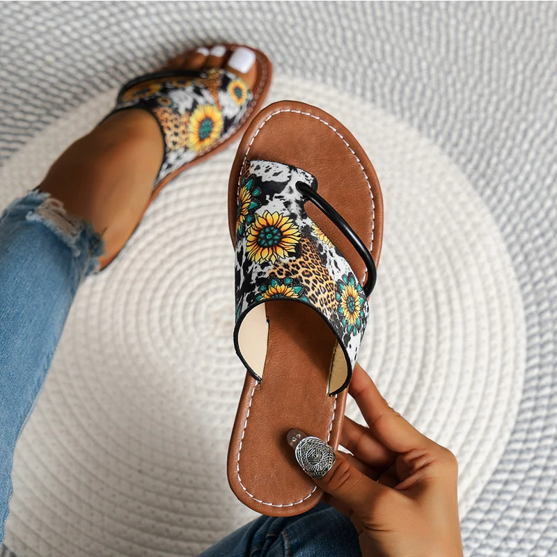 Ethnic Print Thong Sandals Woman Stylish Sunflower Flip Flops Ladies Summer Outdoor Casual Flat Open Toe Mule Shoes Plus Size