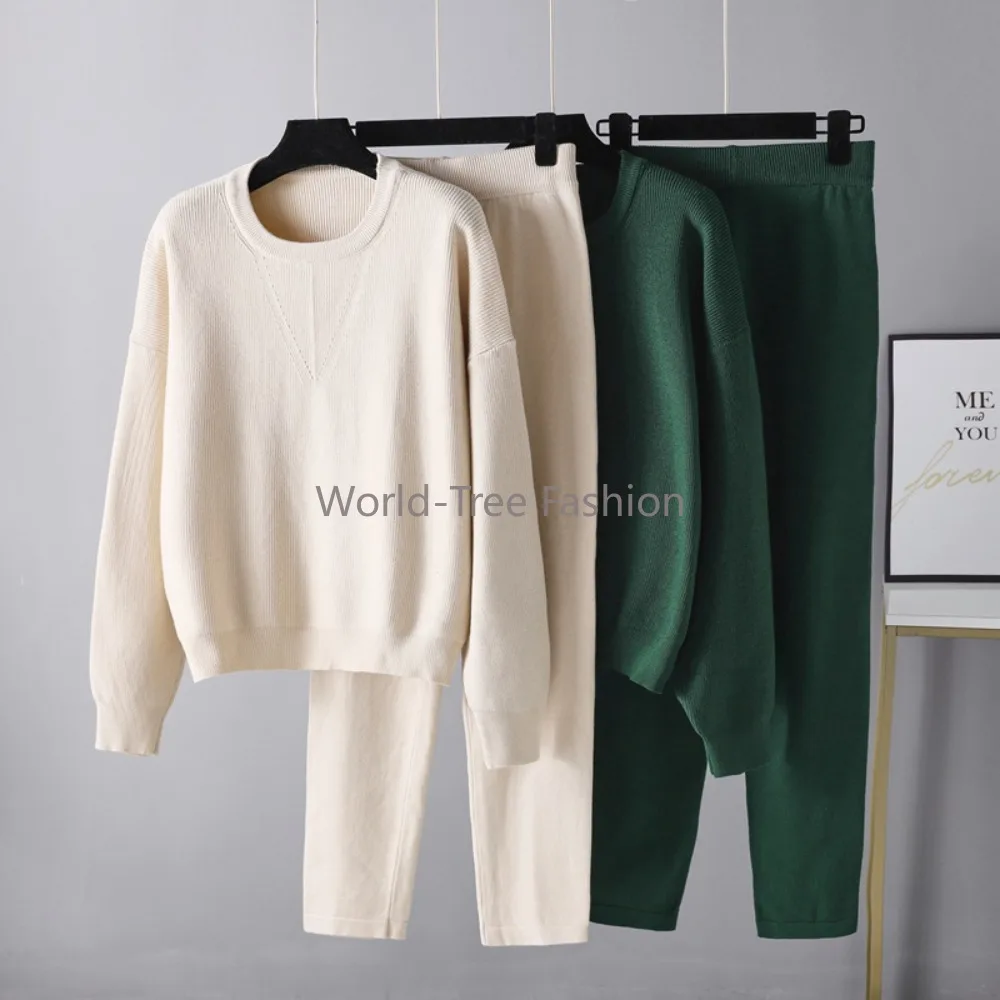 

Autumn and Winter Fashion Two Piece Sets Womens Outifits Warm Loose Relaxed Sweater Solid Color Knitted Vintage Sweater Women
