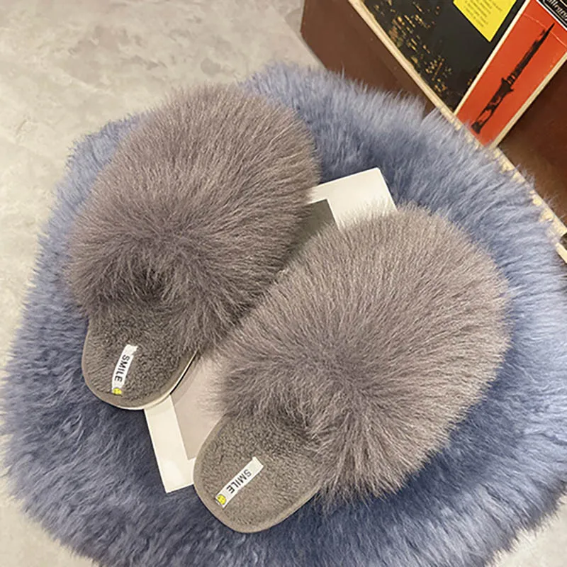 Женские пушистые теплые шлепанцы новинка из искусственного лисьего меха сланцы
