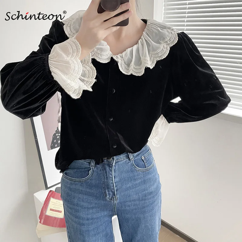 

Schinteon Women Black Velvet Shirt Lace Peter Pan Collar Patchwork Korean Style 2022 New Autumn Single Breasted Top