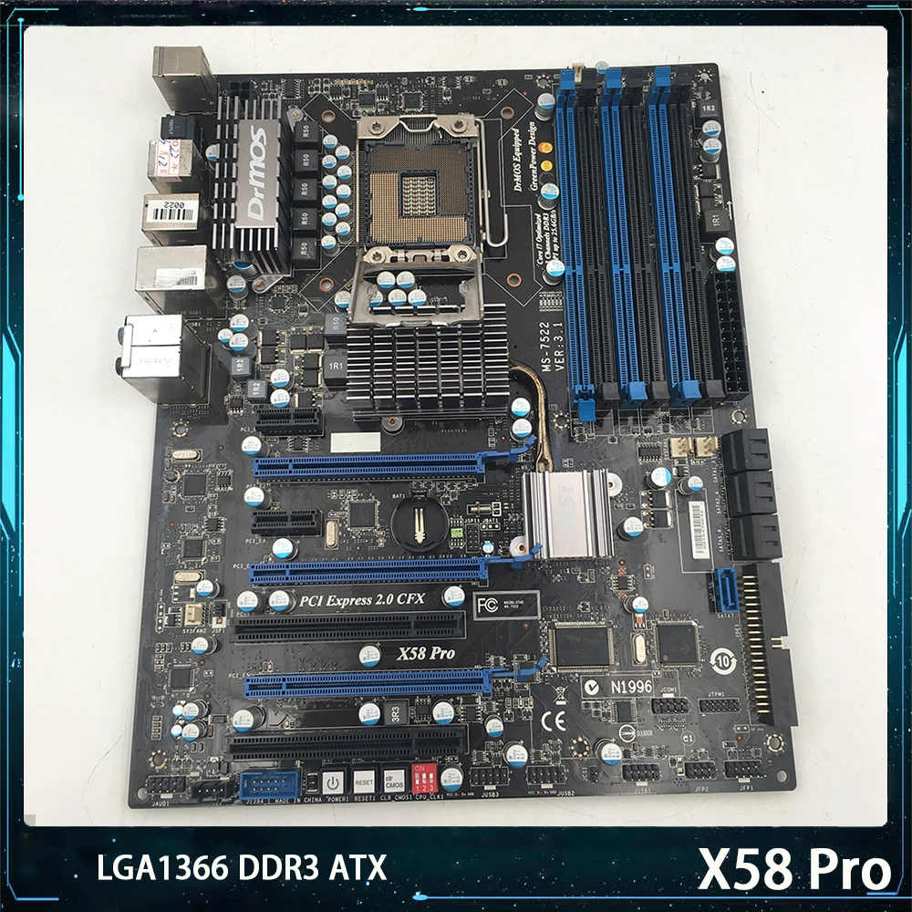 X58 Pro For Msi MS-7522 LGA1366 DDR3 24GB V:3.0 PCI-E 2.0 SATA2 USB2.0 ATX Desktop Motherboard Works Perfectly High Quality