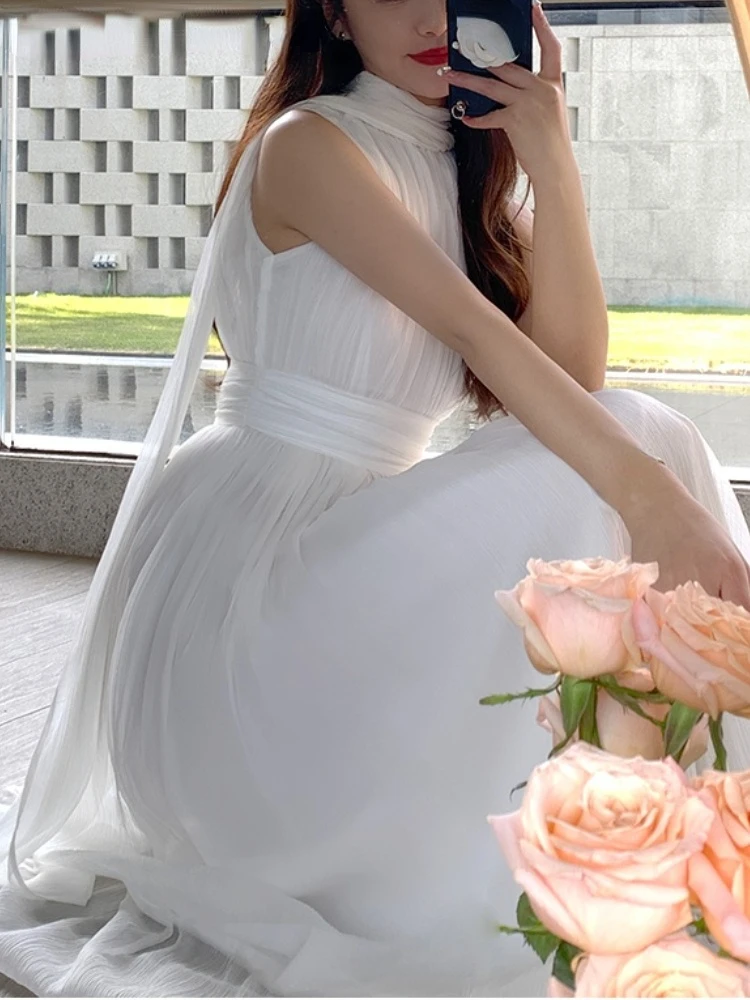 

Elegant Pure Color Sleeveless Dress Woman 2022 Summer Beach Chiffon One Piece Dress Korean Fashion Casual Midi Dress Slim Chic