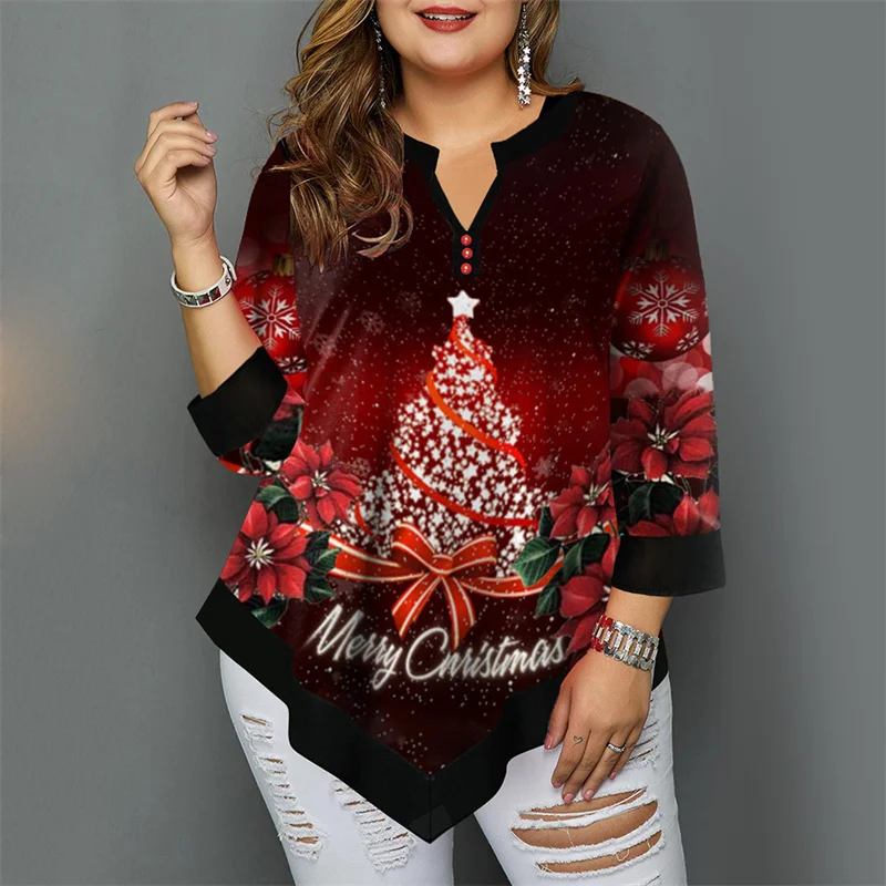 2022 Autumn Winter Women Plus Size Christmas Tree  Printed T Shirt Sexy V Neck Buttoned Irregular Hem Full Long Sleeve Tee Shirt