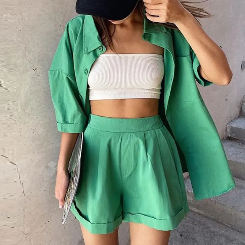 

Fashion Two Piece Shorts Sets Women Suit Casual Button Up Shirt Top And Mini Shorts 2021 Tracksuit Loungewear Short Sleeve