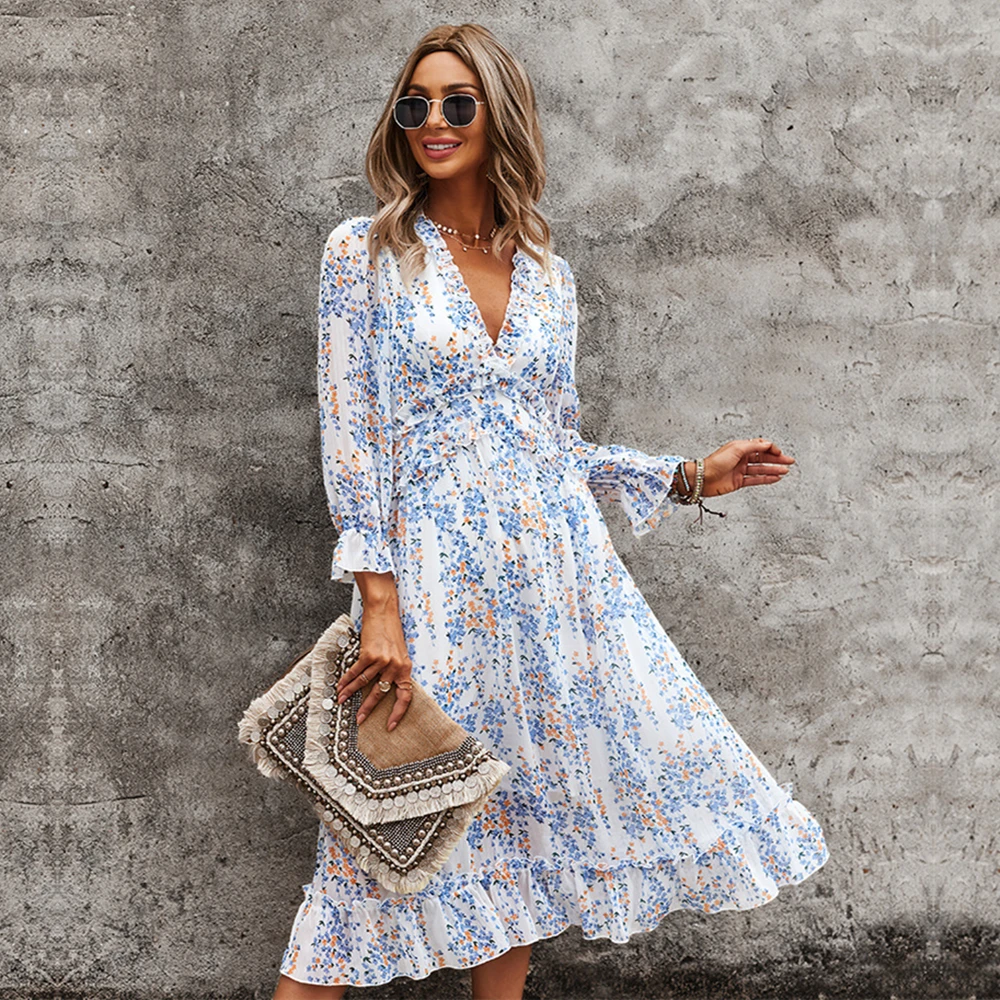 

Ladies Vintage Sexy Print Chiffon Dress Women Spring Autumn Casual Ruffles High Waist Bohemian Beach Women Dress Female Vestidos