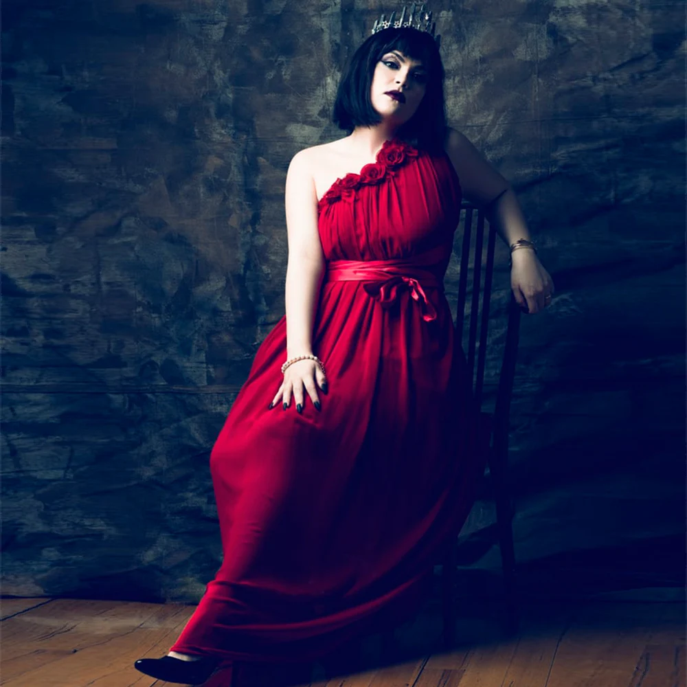 

EAEOVN Flowers Gothic Evening Dress Red Chiffon A Line One Shoulder Pleat Sash Bow Evening Gown Floor Length Zipper Formal Dress