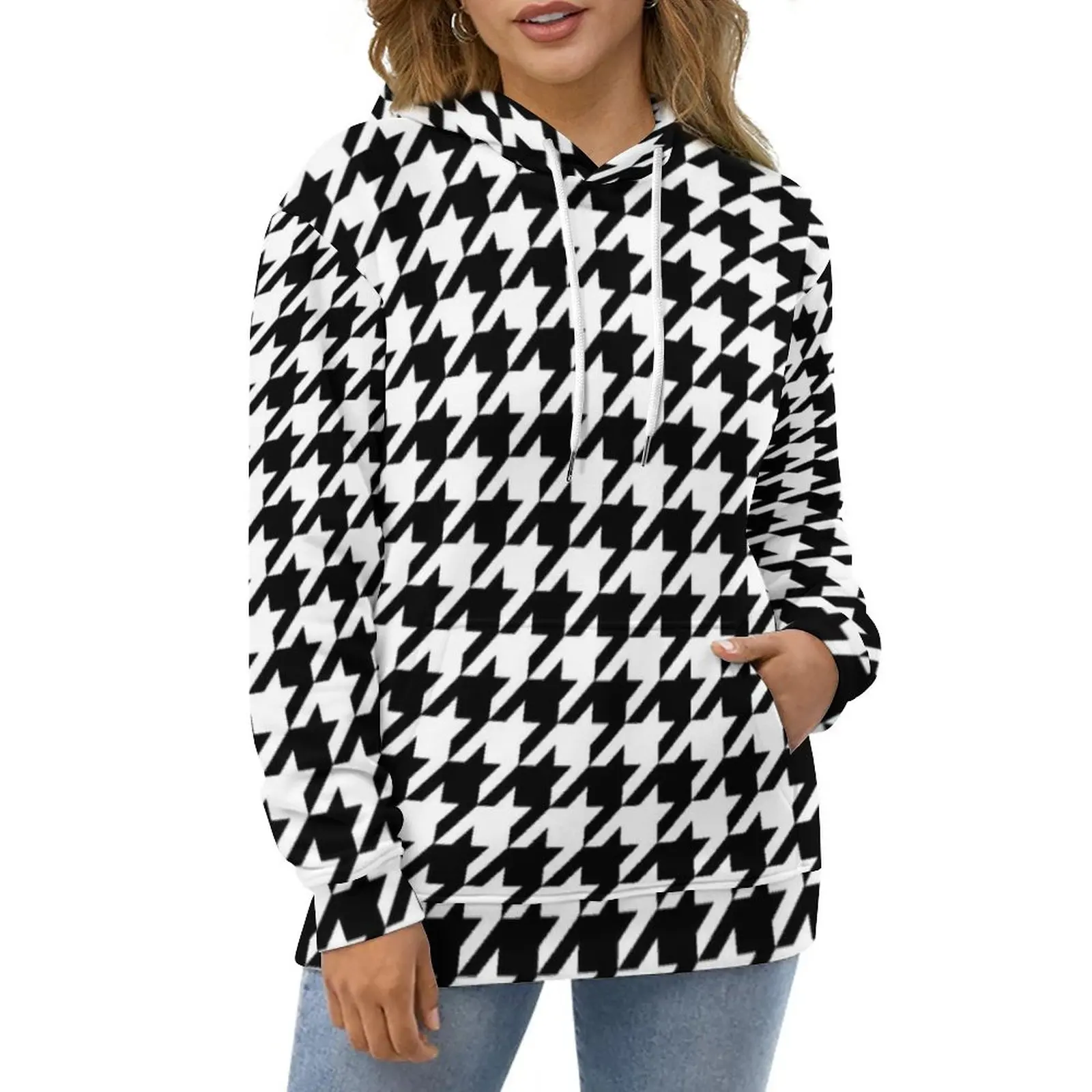 

Houndstooth Print Casual Hoodies Black White Classic Print Trendy Design Loose Hoodie Autumn Long Sleeve Harajuku Oversized Top