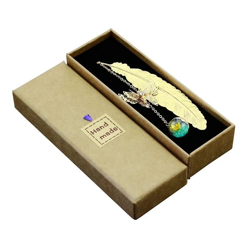 

Feather Bookmarks With 3D Butterfly And Glass Beads Dried Flower Pendants Gold Feather Blue And Yellow Flower Bookmarks