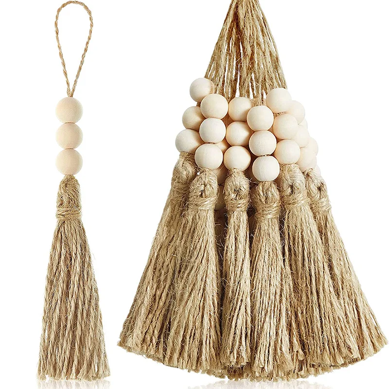 1/2/3Pcs Jute Tassels with 3 Wood Beads Natural Jute Rope Tassels Beaded Tassels for DIY Crafts Tassels Home Wedding Party Decor