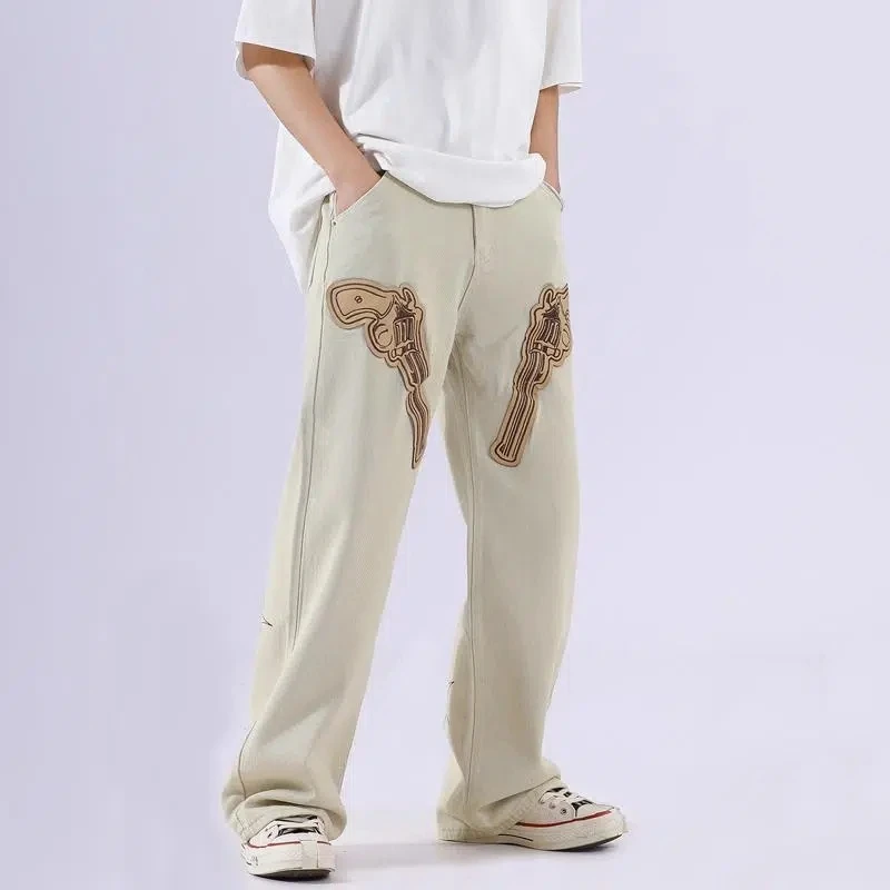 New American High Street Double Gun Embroidery Wide Leg Jeans Men And Women Hip Hop Patchwork Casual Wide Denim Jeans Oversized