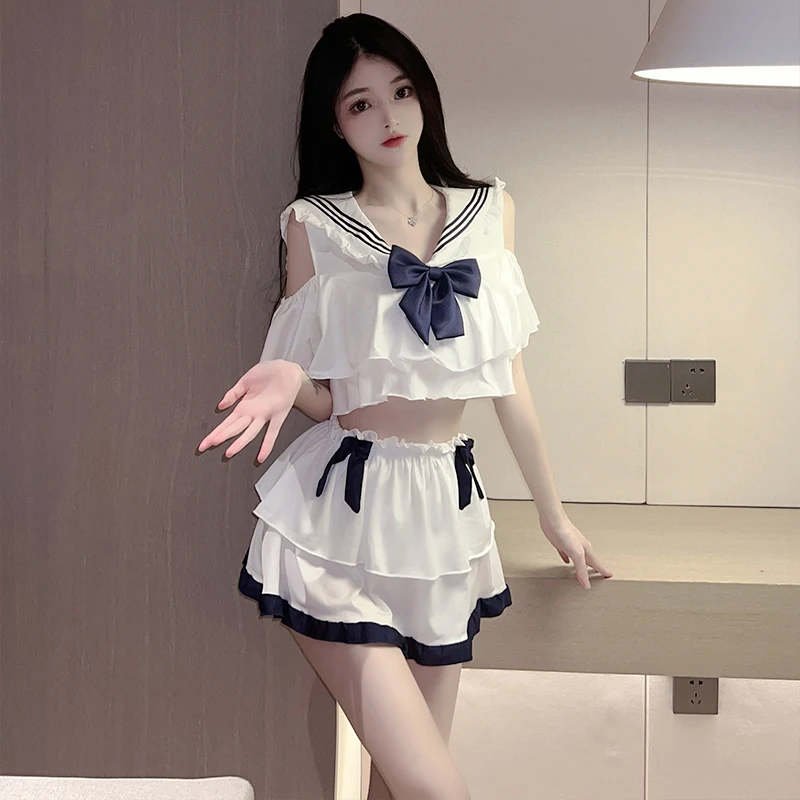 

Charm College Style Anime Cosplay Student Costumes Bowknot Pajamas Sexy Lingerie Pure Schoolgirl JK Uniform Sailor Top Miniskirt