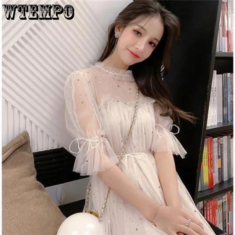 

WTEMPO Maxi Dresses Women High Waist Flare Sleeves Lace Up Loose Dress Vintage StreetWear Y2k Lady Sexy Dress 2023 Summer
