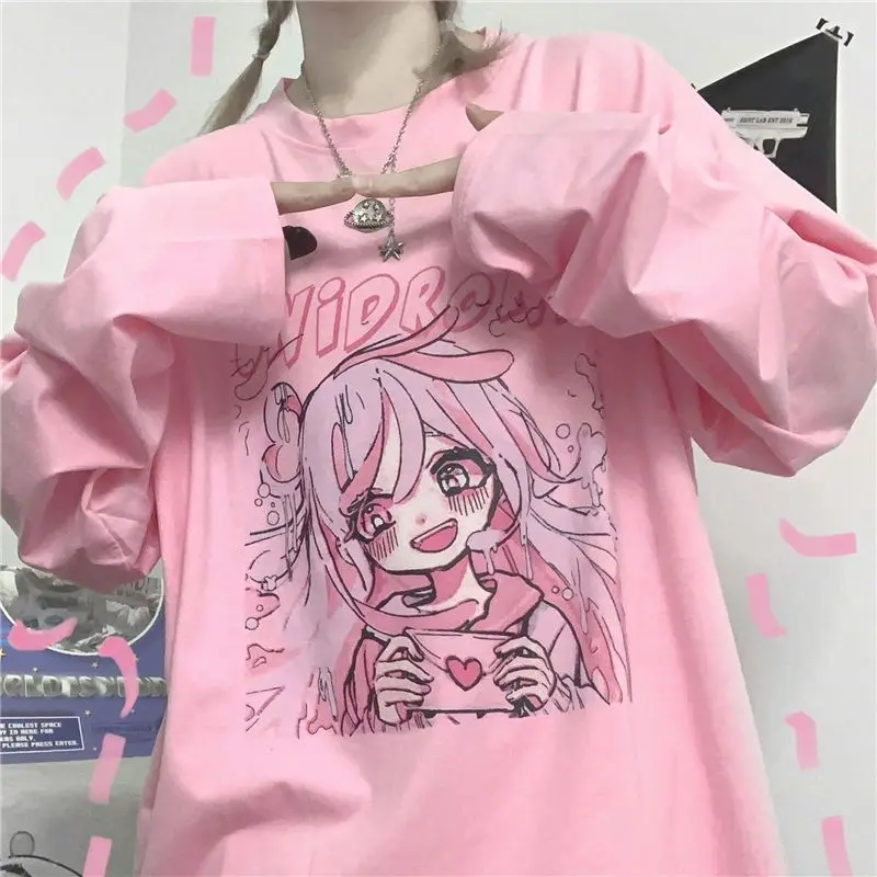 

Y2k Топ с длинным рукавом, женская футболка свободного покроя с милым рисунком японской Девушки в стиле аниме, топ для студентов, милая одежда