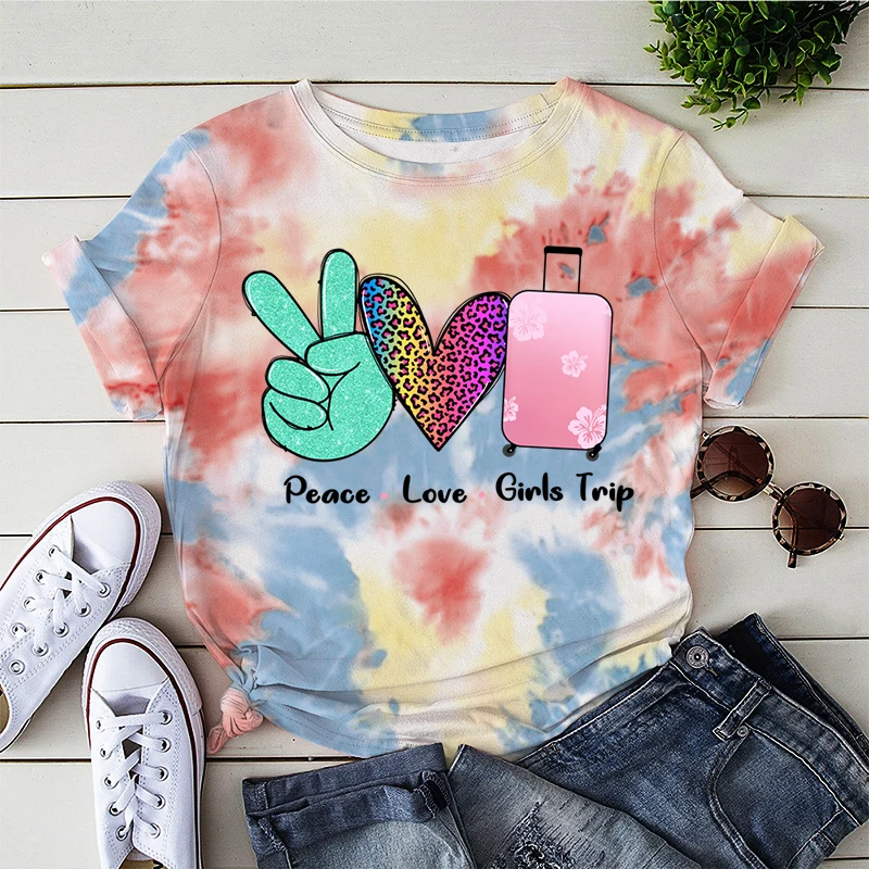 Peace Love Girl Trip Print T-shirt Summer Beach Travel Tie-dye Tees Leopard Print Heart Graphic T Shirts Harajuku Casual Y2k Top images - 6
