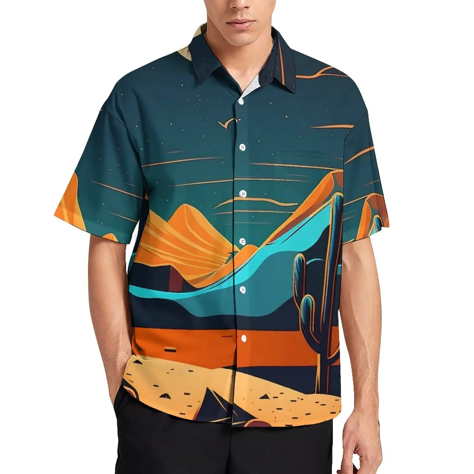 

Desert At Night Casual Shirts Moon Print Vacation Shirt Hawaii Retro Blouses Men Pattern Large Size