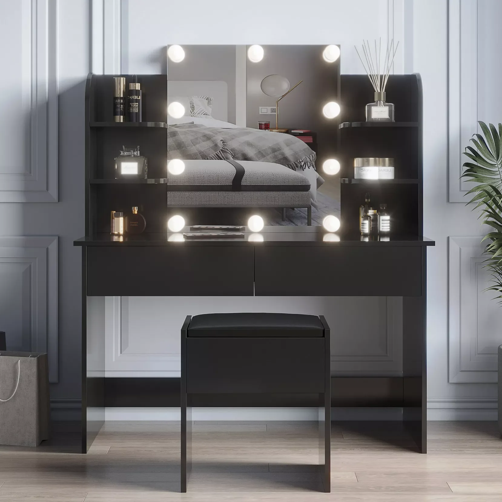 

NEW2023 Modern Dressing table with 2 Drawers 4 Open Shelves Dresser Makeup Vanity Cabinet LED Make Up Mirror Light Bulbs Bedroom