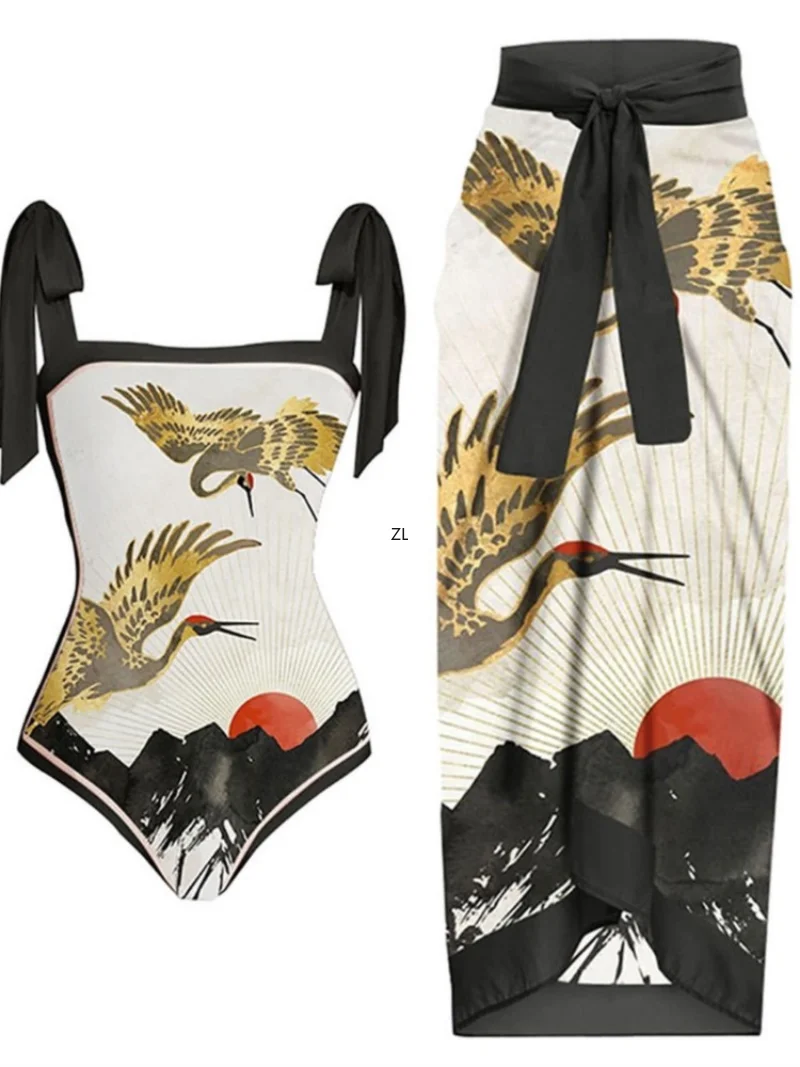Bikini Bodysuit Swimwear Women With Skirt Bathing Suit Summer New Ruffle Splice Print Beachwear Holiday Bikini Cover Ups Outfits