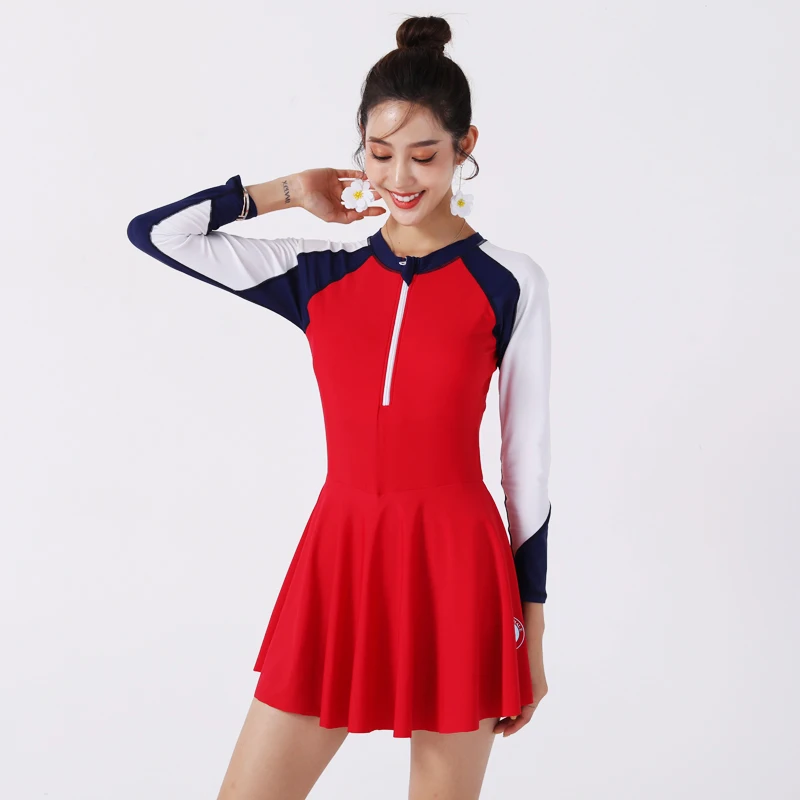 

Wisuwore 2023 Swimsuit Women's Asian Style One-piece Skirt Type Belly Coverup Long Sleeve Conservative Student Sports Swimsuit