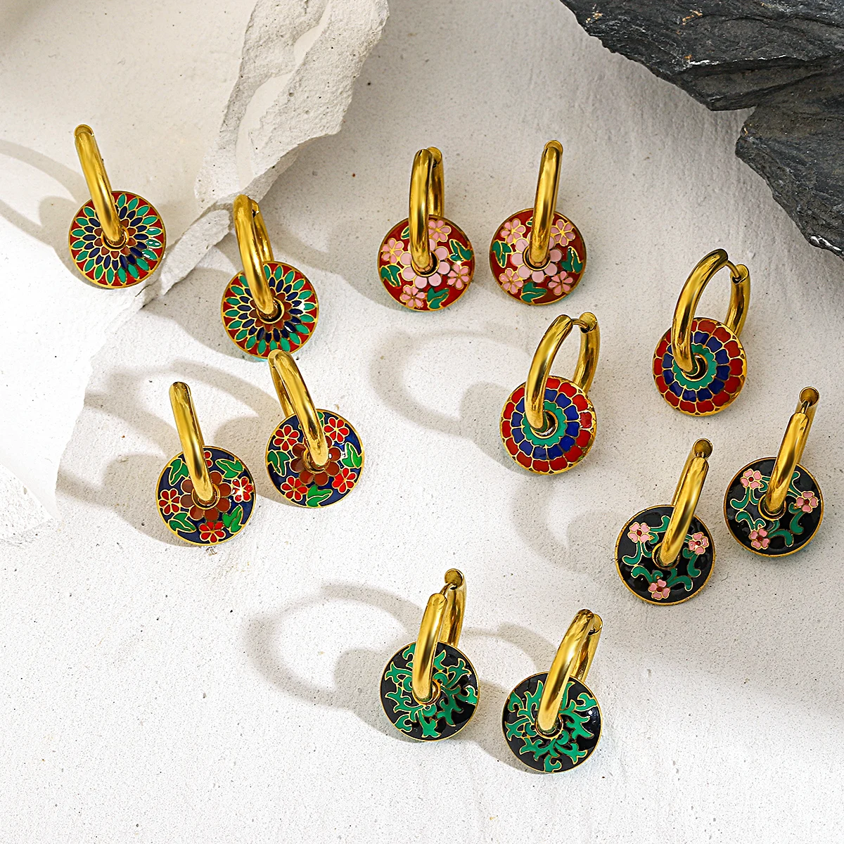 

Богемные разноцветные эмалевые круглые геометрические серьги-кольца для женщин, богемные Круглые Подвесные серьги с рисунком, Винтажные Украшения