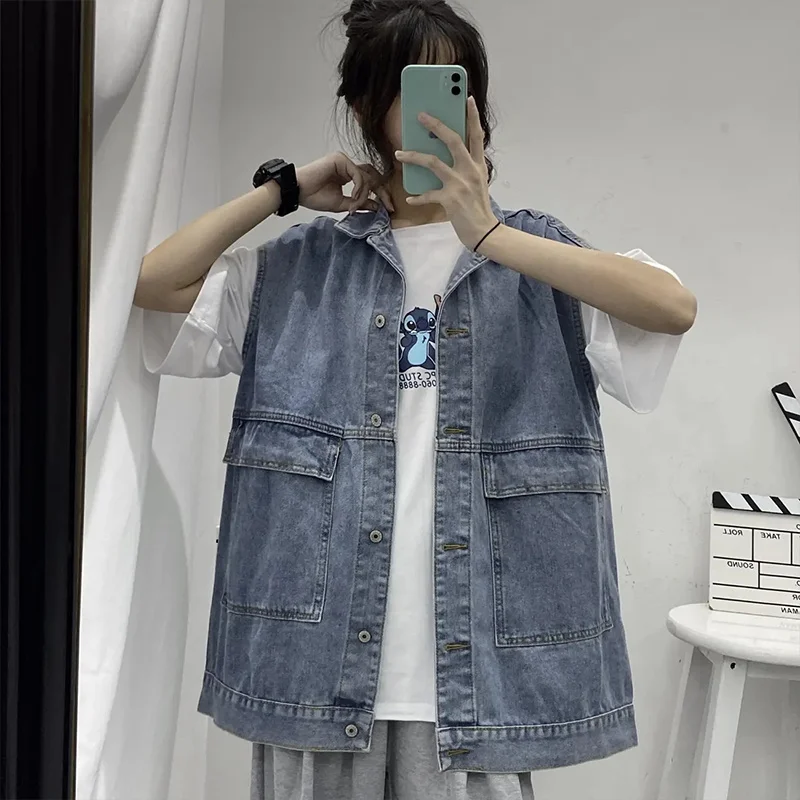 

Women Casual Jeans Waistcoat Vest, Vintage Vests, Female Outer Wear, OO Collar, Loose Single-Breasted Vest, Spring, Autumn, New