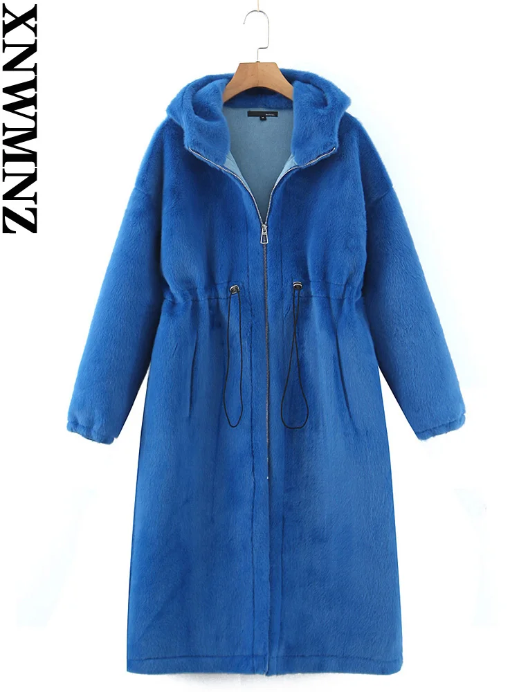 XNWMNZ chic women's winter coat 2022 female warm adjustable waist hooded Coats jackets clothes women faux rabbit fur coat