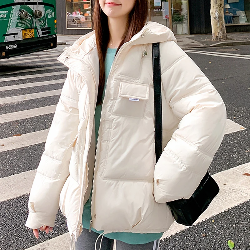 

Winter Short Cotton Padded Jacket Women Korean Preppy Style 2022 New Loose Hooded Thick Warm Parkas Black Coat Female Outwear